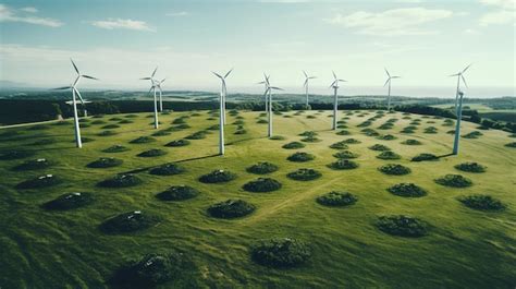 Premium Ai Image Wind Turbines On A Green Hill With A Field Of Grass And A Sky Background