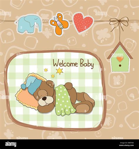 Baby Shower Card With Teddy Bear Toy Vector Illustration Stock Photo