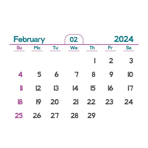 Calendario Mensual De Febrero De 2024 Con Transparente Vector Png