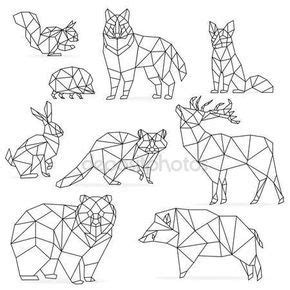 Low Poly Linie Tiere Eingestellt Origami Polygonaler Linie Tiere Wolf