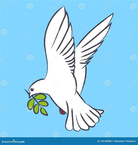 Vector Silhouette Of A Flying Dove With Olive Branch On A Blue