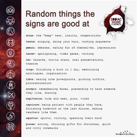 Random Things The Signs Are Good At Zodiac Signs Sagittarius Zodiac Signs Funny Zodiac Signs