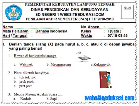 Soal Pas Uas Bahasa Indonesia Kelas 1 Semester 1 K13 Tahun 2018 2019