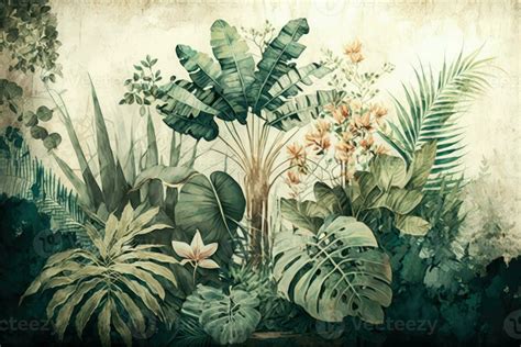 Tropical Plants And Trees Watercolor Painting For Texture Background