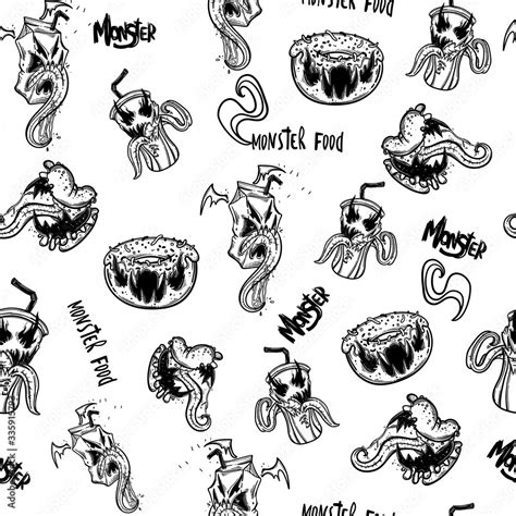 Funny Monsters Seamless Pattern For Coloring Book Food Monsters