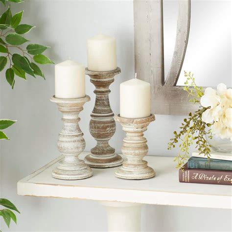 Litton Lane Cream Mango Wood Turned Style Pillar Candle Holder Set Of