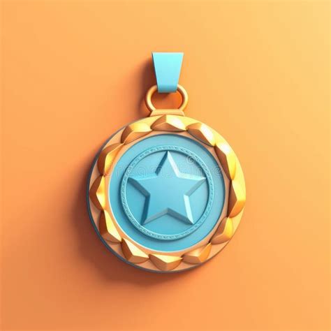 Gold Medal With Laurel Wreath And Blue Ribbon On A Orange Background