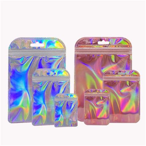 Hologram Pink Zipper Pouch Holographic Silver Rainbow Plastic Zip Bag