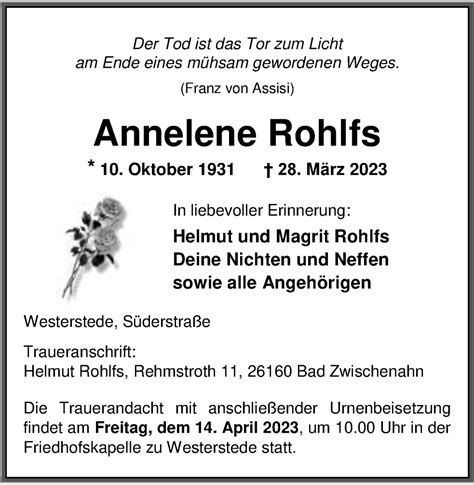 Traueranzeigen Von Annelene Rohlfs Nordwest Trauer De