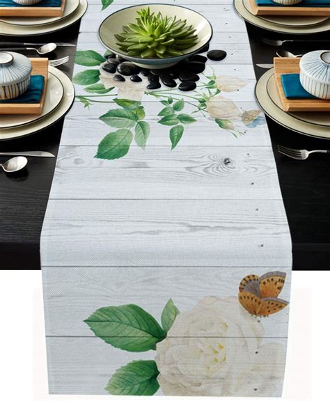 Table Runner Durable Washable Tablecover White Rose And Butterfly On Wood Board