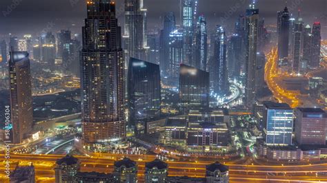 Aerial view of tallest towers in Dubai Downtown skyline and highway all ...