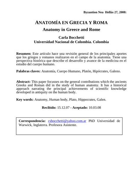 PDF ANATOMÍA EN GRECIA Y ROMA Anatomy in Greece and Rome Byzantion