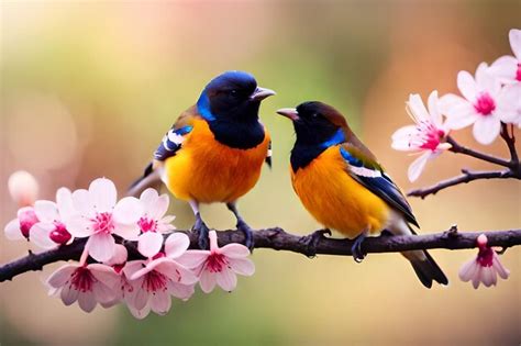 Dos pájaros en una rama con flores rosas Foto Premium