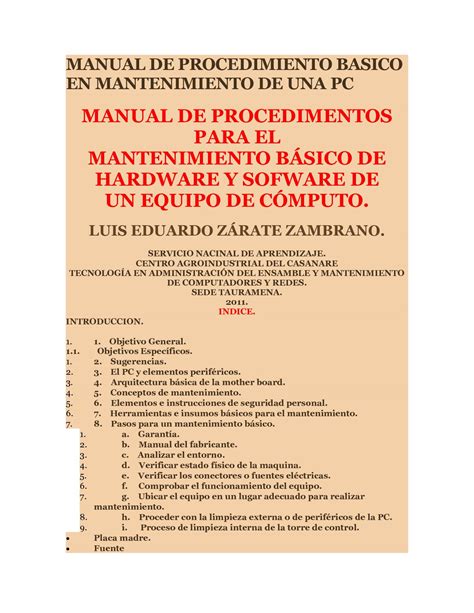 Calam O Manual De Procedimiento Basico En Mantenimiento De Una