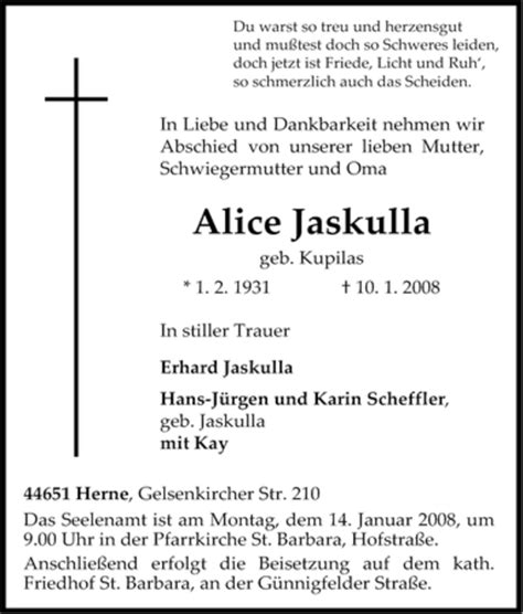 Traueranzeigen Von Alice Jaskulla Trauer In NRW De