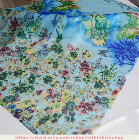 100 Pure Silk Chiffon Floral Print Blue Fabric Width 53 Etsy Uk