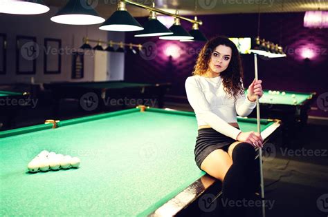 Young Curly Girl Posed Near Billiard Table Sexy Model At Black Mini Mini Skirt Play Russian