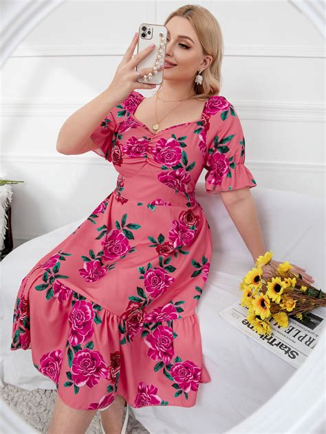 Plus Floral Print Sweetheart Flounce Sleeve Ruffle Hem Dress Kleider