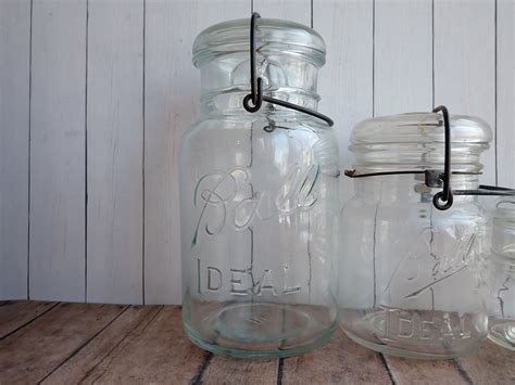 Vintage Clear Glass Ball Ideal Jar With Lid And Bail Set Of 3 Quart Pint And Third Pint Sized