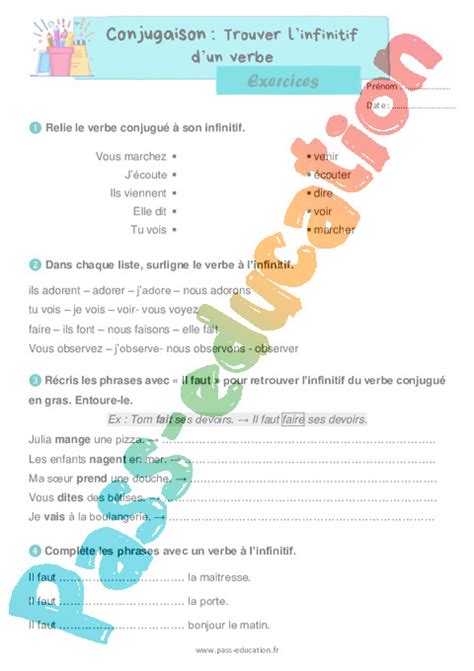 Trouver linfinitif dun verbe conjugué Exercices de conjugaison pour