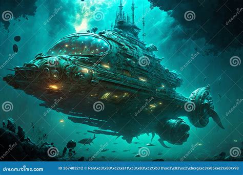 Deep Sea Aquatic Sci Fi Submarine In Underwater Scenery Aquatic Wallpaper Stock Illustration