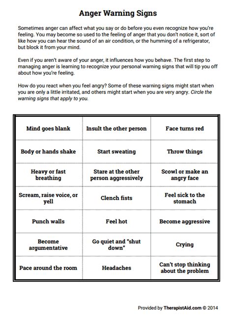 Anger Warning Signs Worksheet Therapist Aid