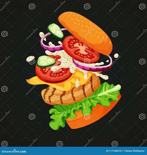 Chicken Burger Icon Flying Burger Showing Ingredients With Outline And