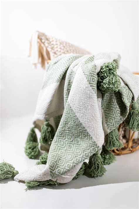 Woven Cotton Throw Blanket With Tassels Tassels Blanket Sage Etsy