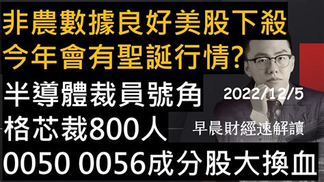 【早晨財經速解讀】非農數據良好美股下殺 今年會有聖誕行情半導體裁員號角 格芯裁800人 0050 0056成分股大換血 2022125