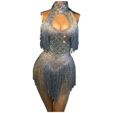 4 Colors Sleeveless Sparkly Rhinestones Bodysuit Silver Gold Glass Stones Tassels Jumpsuit Sexy