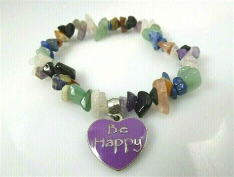 Gemstone Nugget Bracelet Purple Heart Charm Stretch Be Happy Enamel