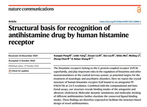 浙江大学药学院张海涛课题组在Nature communications报道药物靶标组胺H3受体拮抗剂作用的结构机制