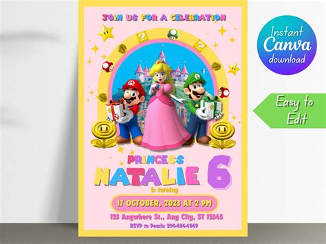 Princess Peach Invitation Princess Peach Party Super Mario Party