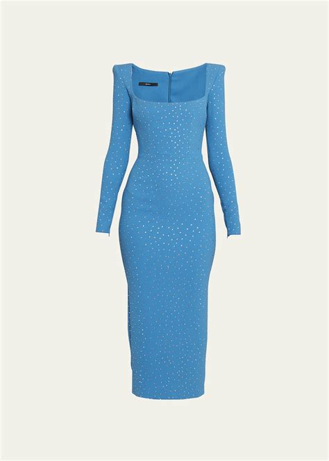 Alex Perry Crystal Embellished Strong Shoulder Crepe Midi Dress