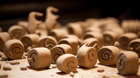 Clay Art Sculptures Laying On A Counter With Some Light Behind Them