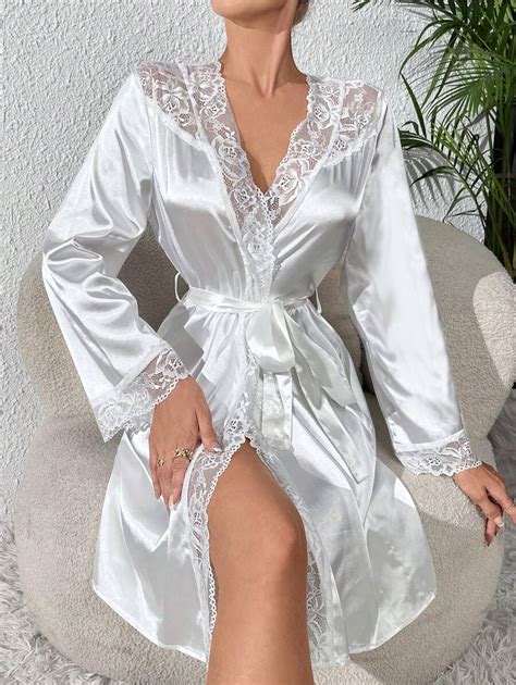 Contrast Lace Belted Satin Robe Shein Usa