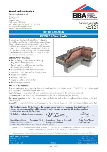 BBA Certificate 02 3908 Eurowall Cavity Recticel Insulation NBS Source