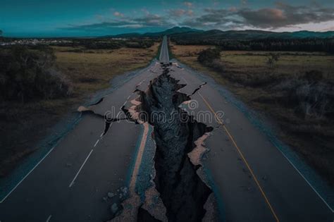 Earthquake Crack Earth Fault From Seismic Plate Movement On Road