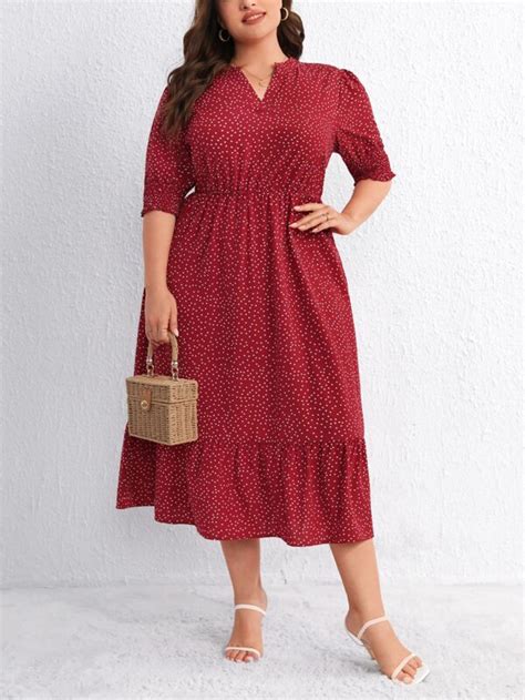 Shein Lune Plus Polka Dot Print Notched Neckline Ruffle Hem Dress