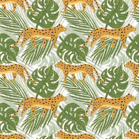 Premium Vector Cute Jaguar And Tropical Leaves Seamless Pattern