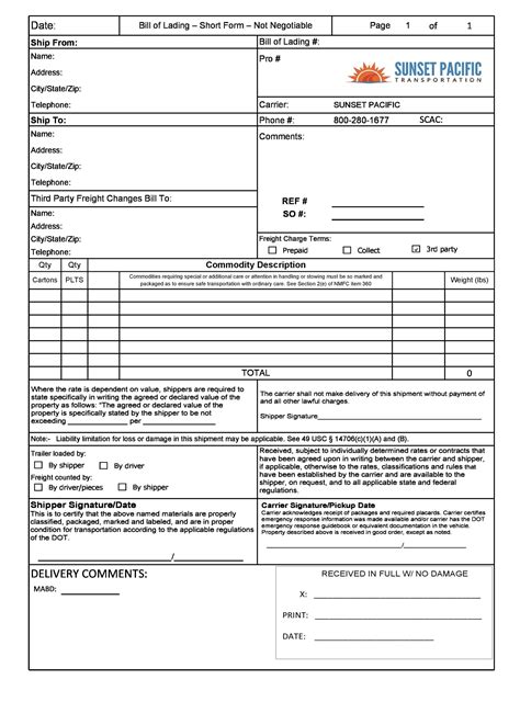 Blank Bill Of Lading Printable The Document Details The Quantity Type