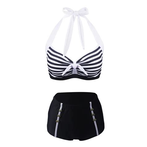 Navy Style Summer Women Bikini Set Plus Size High Waist Striped Push Up Swimwear Swimsuit