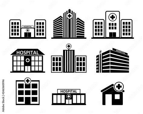 Hospital Building Icon Set In Black On White Background Stock Vector