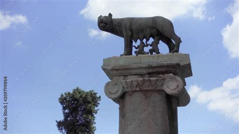 Statue Of She Wolf On Capitoline Hill In Slow Motion Twins Founders Of