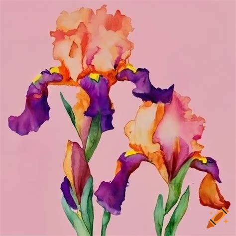 Watercolor Painting Of Bearded Iris Flowers On A Pink Background On Craiyon