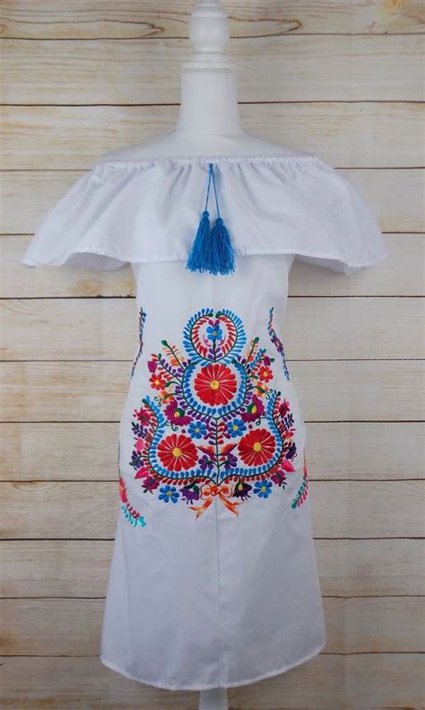 Handmade Womens White Embroidered Xl Mexican Dress Off The Shoulder