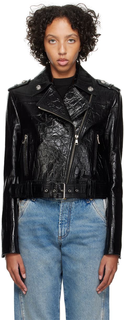 Balmain Black Crocodile Effect Leather Biker Jacket Balmain