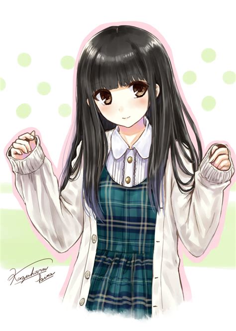 Safebooru 1girl Arms Up Bangs Black Hair Blunt Bangs Blush Brown Eyes