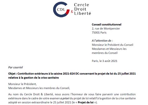 Projet de loi relatif à gestion de la crise sanitaire Le CDL transmet