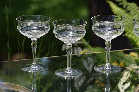 Vintage Etched Cocktail Martini Glasses Set Of 4 1940s Vintage